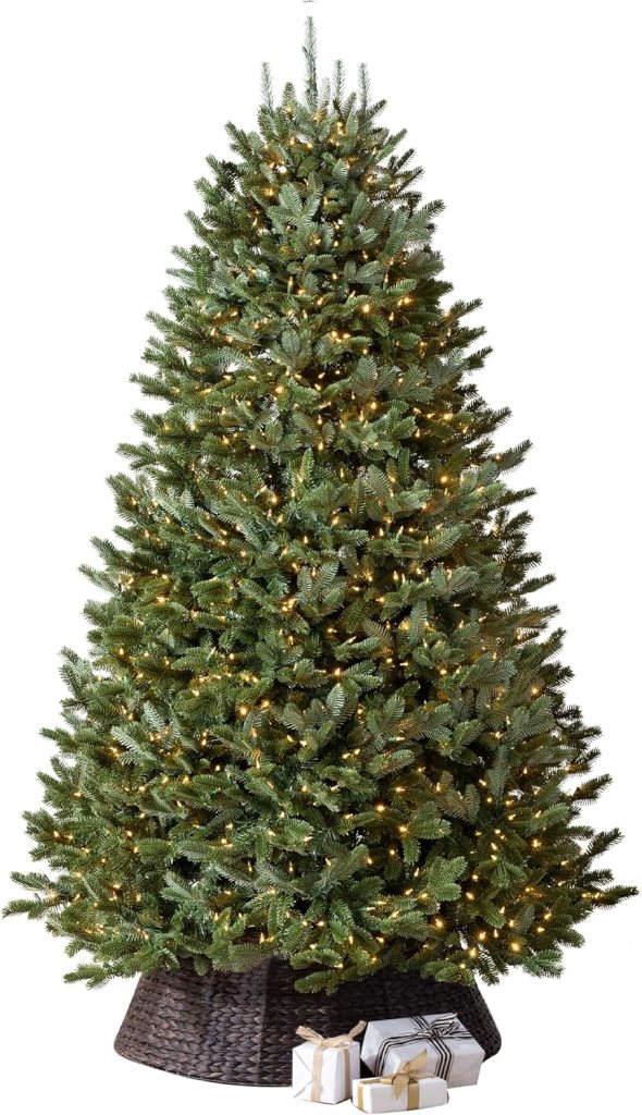 Balsam Hill BH Fraser Fir 7.5-foot pre-lit artificial Christmas tree with realistic green foliage and warm white lights