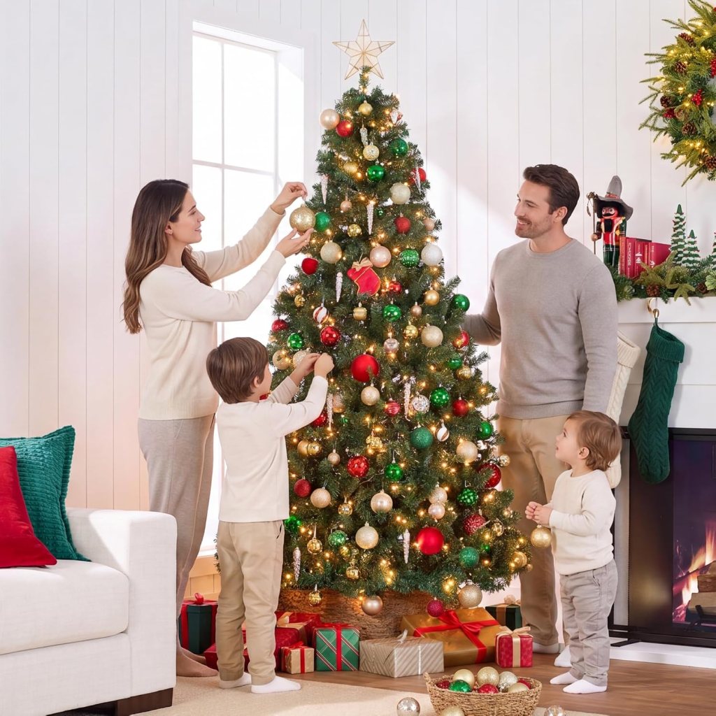 Best Choice Products 7.5-foot pre-lit spruce artificial Christmas tree with warm white lights featured in Mama's Top 10 Favorites.
