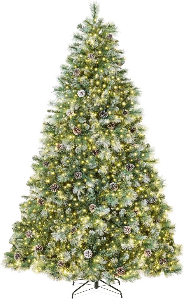Best Choice Products pre-lit Scotch pine artificial Christmas tree with lightly frosted blue-green needles, natural pinecones and warm white lights
