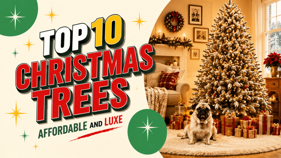 Top 10 Christmas Trees featured image showing a beautifully decorated artificial Christmas tree in a cozy living room, wrapped gifts, Pasha the pug, and bold text highlighting affordable to luxury Christmas tree recommendations for holiday decorating inspiration.