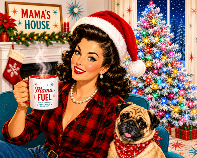 Retro Christmas illustration of Mama in a Santa hat holding a steaming Mama Fuel coffee mug beside Pasha, with a brightly lit flocked Christmas tree in the background.