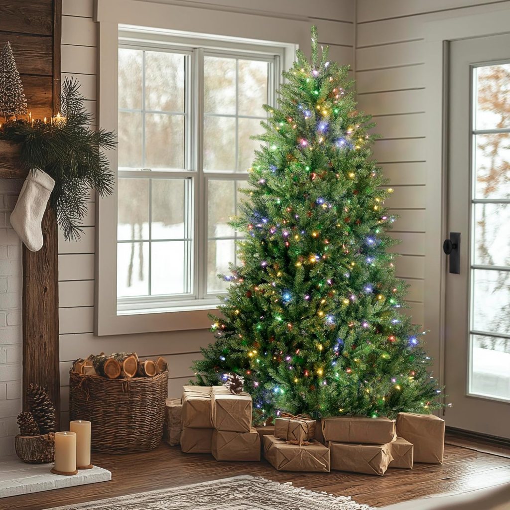 National Tree Company Dunhill Fir artificial Christmas tree with dual-color LED lighting.