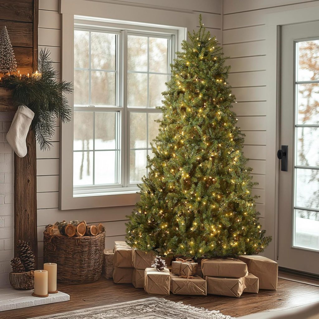 National Tree Company 6.5-foot Dunhill Fir pre-lit artificial Christmas tree with white lights.