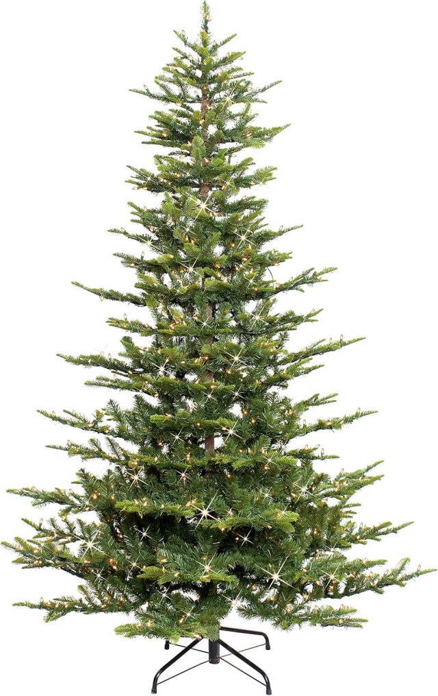 Puleo International 7.5-foot pre-lit Aspen Fir artificial Christmas tree with natural open branches and warm white lights