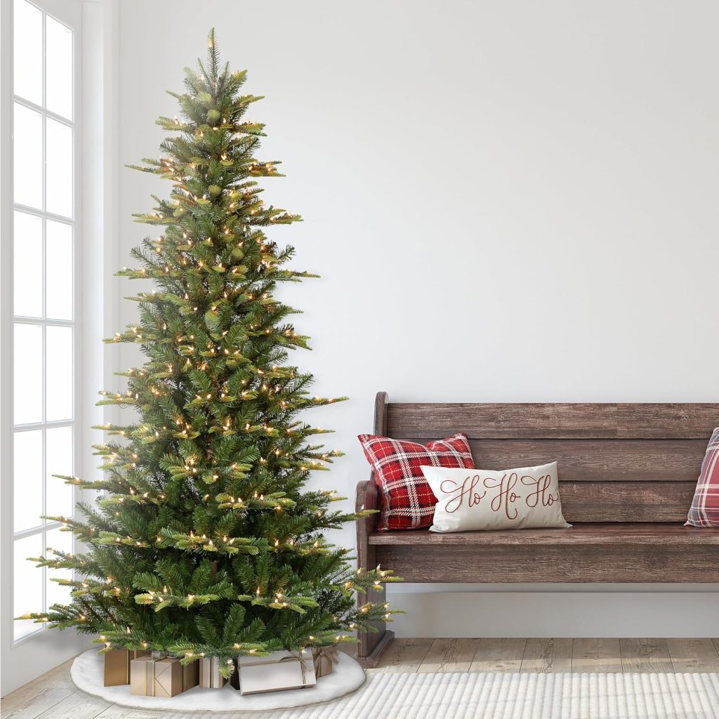 Puleo International 7.5-foot pre-lit Slim Aspen Fir artificial Christmas tree.