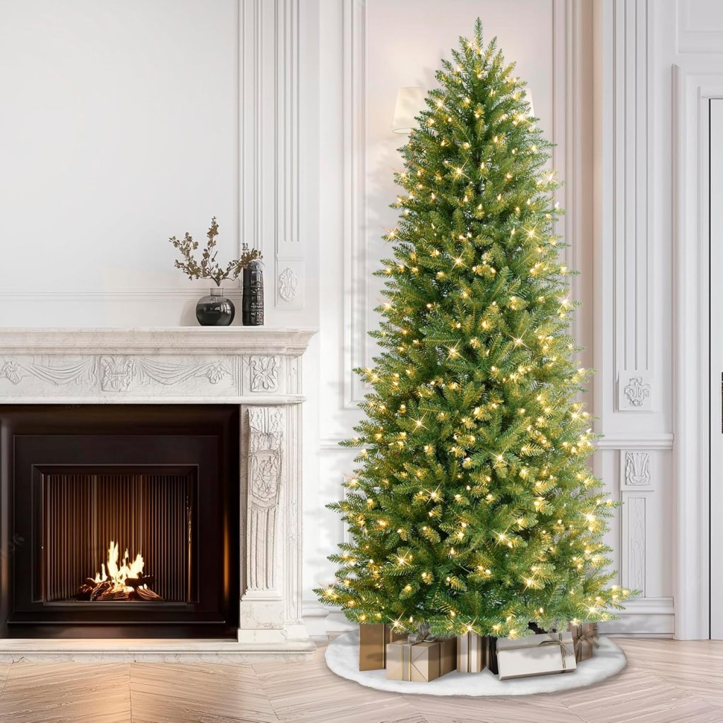 Puleo International 7.5-foot slim Fraser Fir pre-lit artificial Christmas tree.