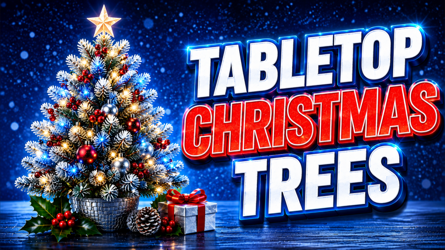 Tabletop Christmas tree decorated with red and silver ornaments, flocked branches and glowing lights for Mama’s Top 10 mini Christmas trees guide