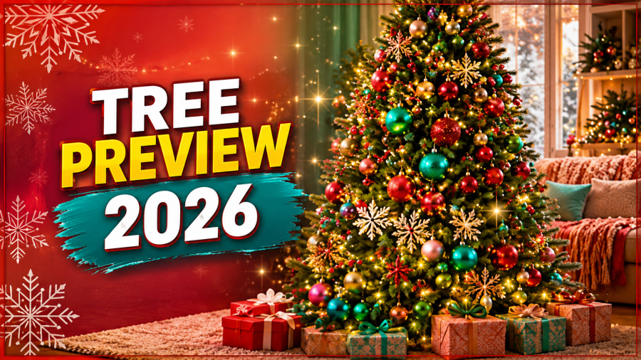 Colorful decorated Christmas tree with red and teal ornaments beside text reading Tree Preview 2026