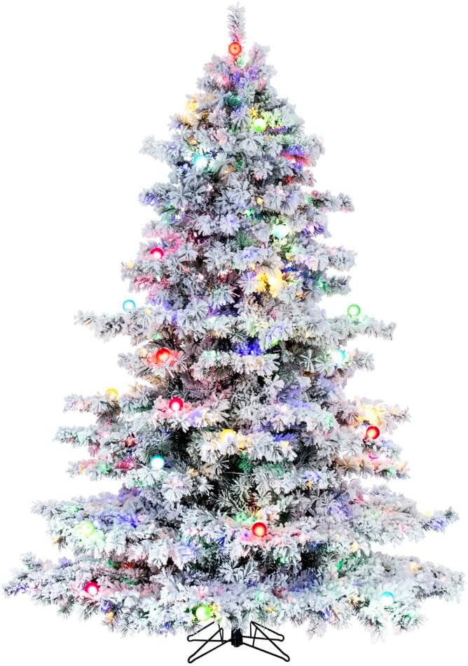 Vickerman 7.5-foot flocked Alaskan artificial Christmas tree with pre-lit lights.