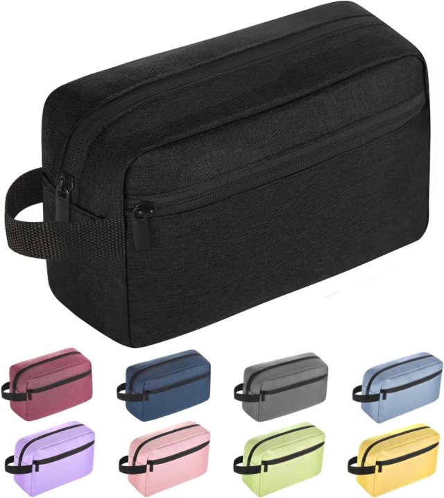 Icramsy hanging travel toiletry bag shown in black with multiple color options, featuring a spacious zippered main compartment and front pocket for organizing toiletries, cosmetics, and travel essentials.