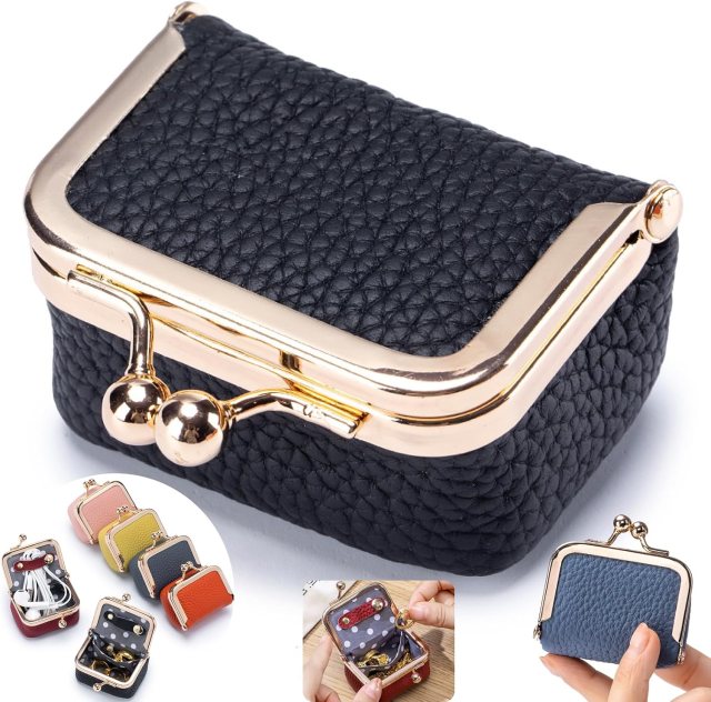 Genuine leather mini travel jewelry organizer with vintage kiss lock closure and gold hardware, shown with interior storage for rings, earrings, necklaces, and other small accessories.
