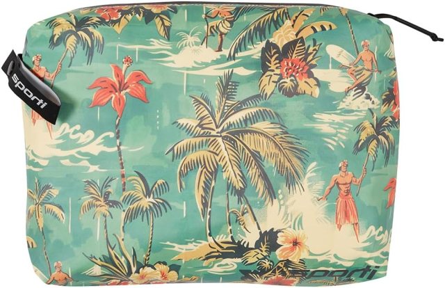 Sporti Splash Stash waterproof wet bag with tropical surfer and palm tree print, designed to carry wet swimsuits, toiletries, and travel essentials for the beach, pool, or vacation.