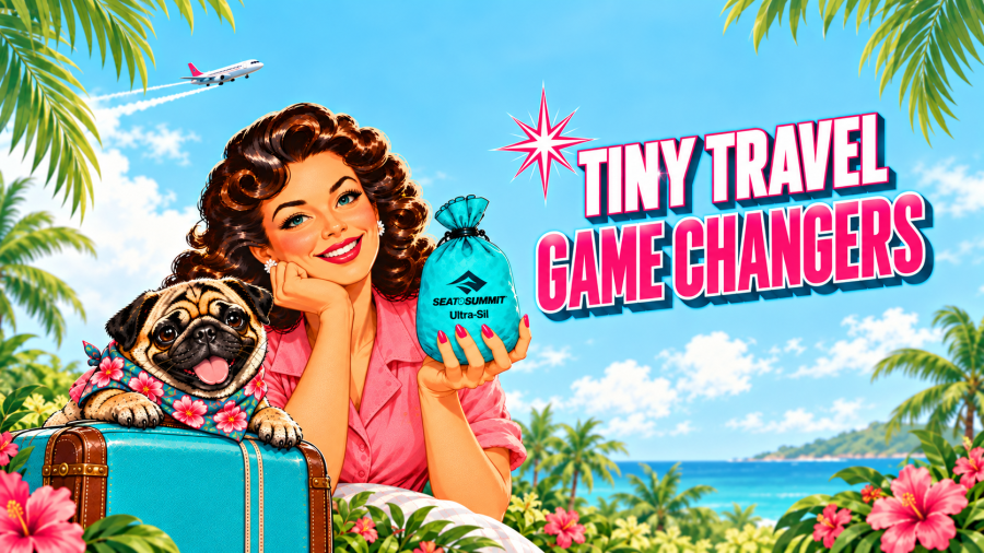 Retro-style Mama and Pasha with a turquoise travel bag and suitcase beneath the words “Tiny Travel Game Changers” in a bright tropical travel scene.