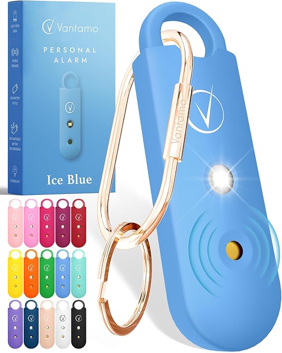 Vantamo Ice Blue personal safety alarm with LED flashlight and carabiner keychain, designed for travel, walking, and everyday personal safety.