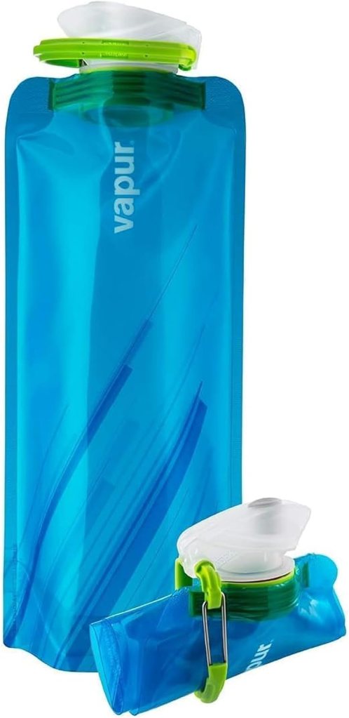 Blue Vapur collapsible water bottle with carabiner, shown full and folded for compact travel, hiking, concerts, and everyday carry.