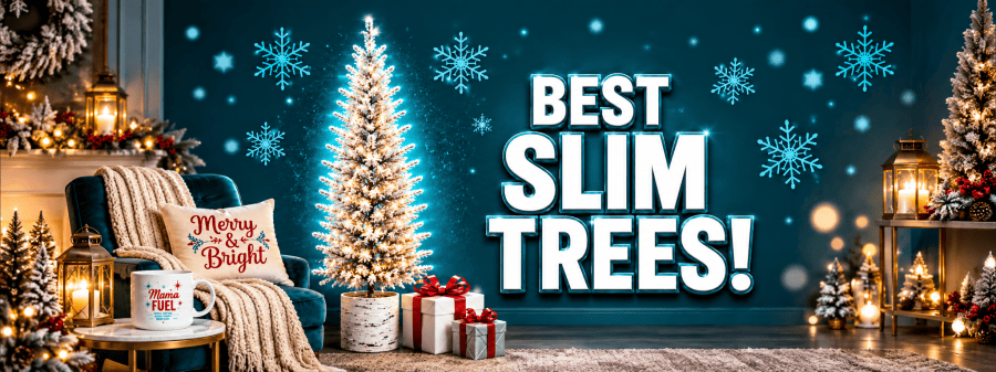 Best slim Christmas trees for small spaces 2026 with beautifully lit narrow artificial Christmas trees in a cozy holiday setting