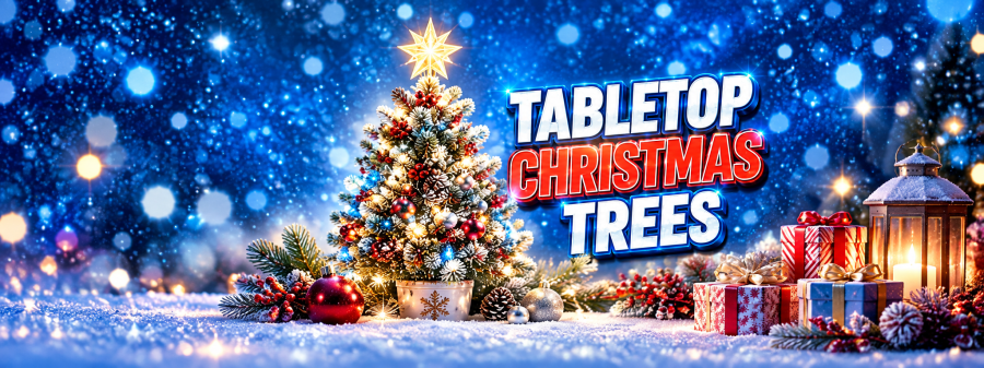 Best tabletop and mini Christmas trees for 2026 displayed in a cozy festive holiday room with colorful lights, ornaments and Christmas gifts