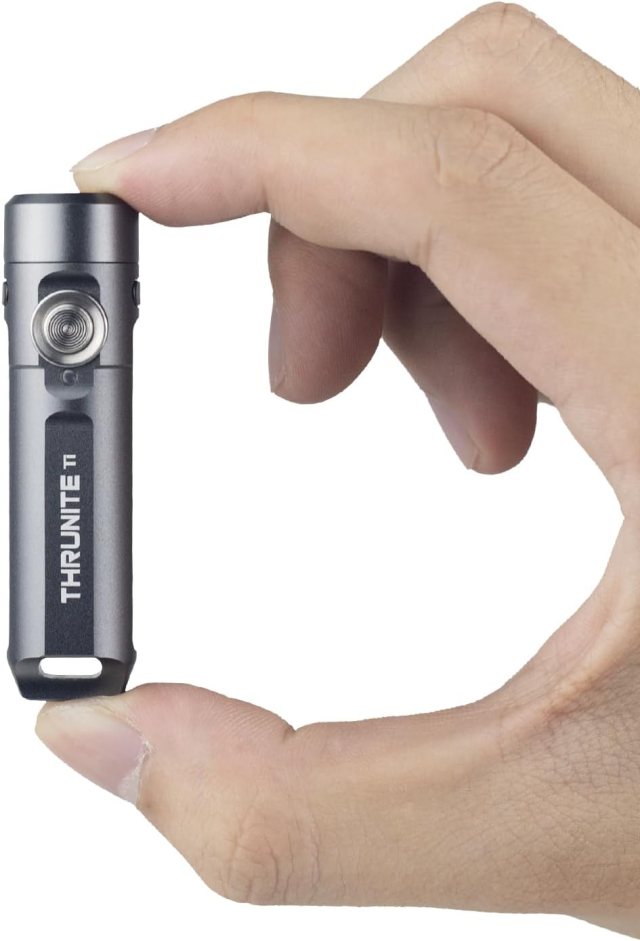 ThruNite Ti mini keychain flashlight in gray, USB-C rechargeable with 650-lumen output