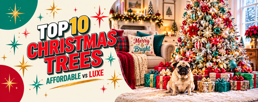 Top 10 artificial Christmas trees Affordable vs Luxe featuring a sparkling decorated Christmas tree, colorful gifts and Pasha the pug for Mama’s Top 10 Favorites